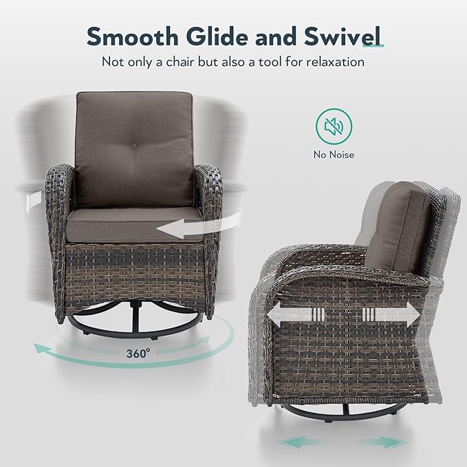 7 Piece Patio Furniture Set with Fire Pit Table - Wicker Patio Conversation Set with Swivel Glider, 3 Seat Sofa, Side Table and 2 Ottomans for Deck Backyard - Brown Wicker Grey Cushion