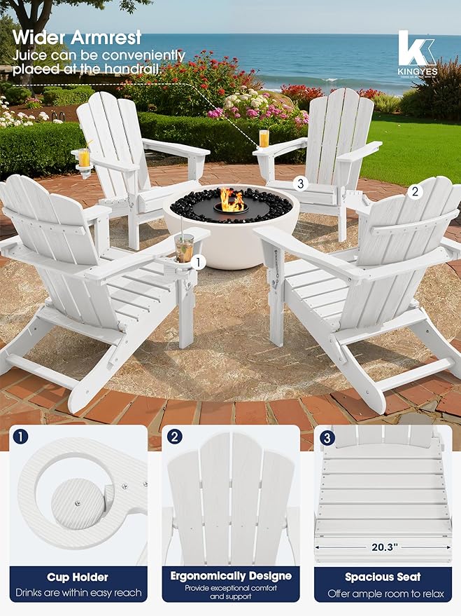 KINGYES Folding Adirondack Chair Set of 8, HDPE All-Weather Patio Chairs with Cup Holder, Wooden Textured Fire Pit Chairs for Poolside, Backyard, Deck, White