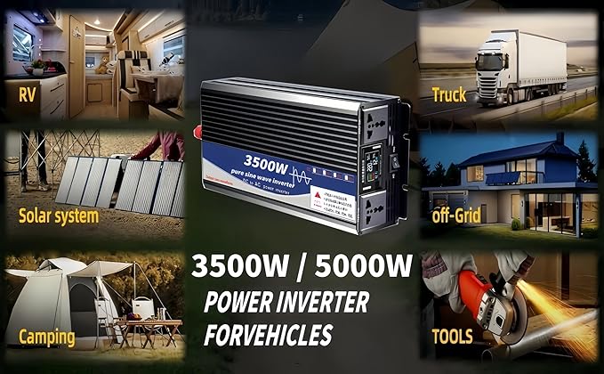 3500W Power Inverter 72V DC to 110V AC Converter with LED Display Dual AC Outlets Dual Fans Radiating for RV, Camp, Boat and Home Emergency Portable Pure Sine Wave Inverter (Smart Screen, 3500W 72V)