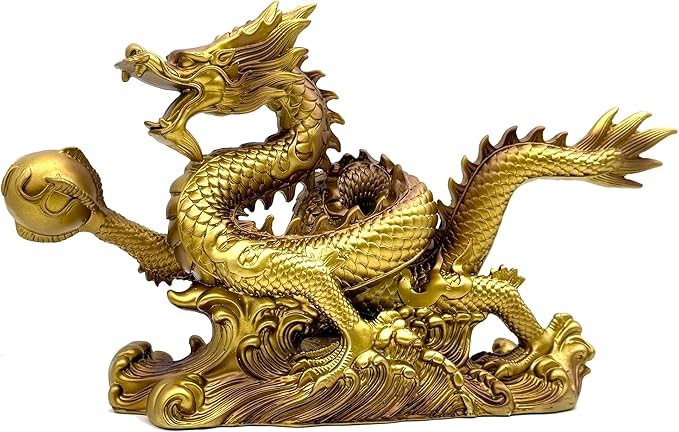 FUNSXBUG 13.6 INCH Chinese Feng Shui Dragon Statue Sculpture Resin Figurines FengShui Decor Home Office Desktop Tabletop Ornaments Decoration Good Lucky Gifts Gold