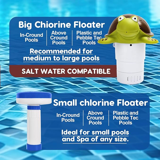 Pool Chlorine Floater, Large Capacity Floating Chlorine Dispenser Fits Up to 5 Pc 3-Inch Chemical Tablets, Heavy-Duty Plastic-Anti-Aging,Top Vacuum Design- Prevent sinkin (Turtle)