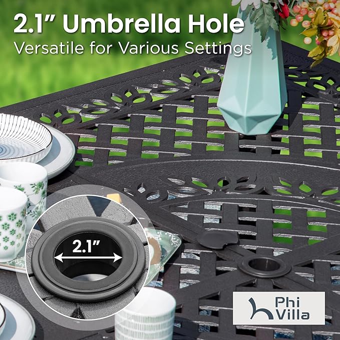 PHI VILLA Outdoor 9-Piece Cast Aluminum Dining Set for 8, Square Metal Dining Table with Umbrella Hole & Cushioned Wicker Rattan Chairs, Patio Dining Set