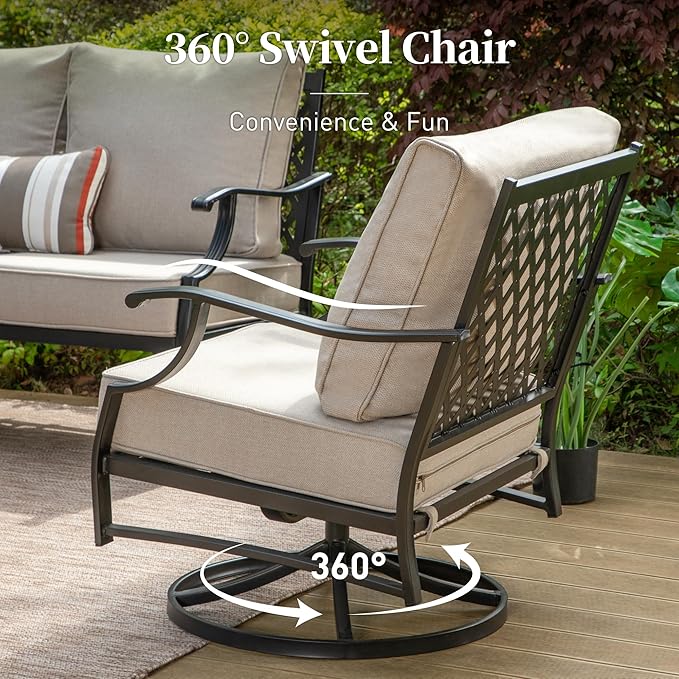 6 Piece Metal Outdoor Patio Furniture Set, Patio Conversation Sets 1 3-seater Sofa, 2 Swivel Chair, 2 Leg Chair with 5.75" Thick Cushion and Coffee Table, Backyard Furniture Set, Beige