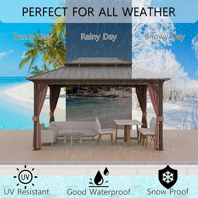 12'x16' Hardtop Gazebo, Outdoor Aluminum Frame Galvanized Steel Double Roof Pavilion with Netting and Shaded Curtains, Permanent Metal Pergolas for Patio, Backyard, Deck and Lawns.