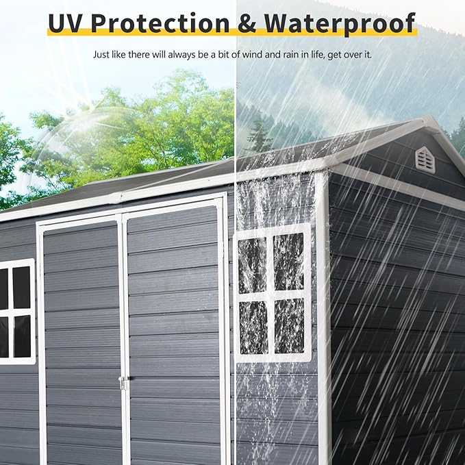 8x6 FT Resin Outdoor Storage Shed with Floor, Windows & Lockable Doors Waterproof All-Weather Garden Shed for Backyard, Patio, and Lawn Equipment Storage, Grey