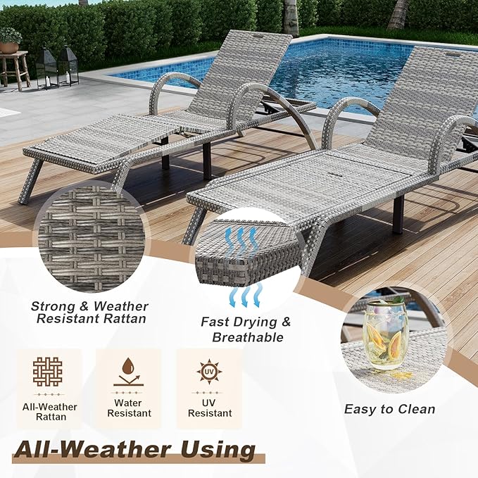 MEISSALIVVE Outdoor Lounge Chairs Set of 2, Patio Chaise Loungers with Adjustable 5 Position & Leg Support, PE Rattan Chaise Lounge, Wicker Pool Recliners Chair for Backyard, Porch, Deck, （Grey