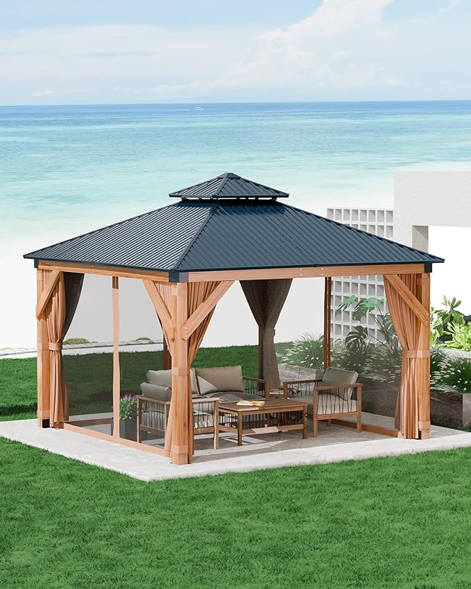GAOMON Hardtop Spruce Wood Gazebo 12'x12', with Double Roof of Metal Sheets, 4.7'' Heavy Duty Poles, Gray Net, and Curtain, Permanent Building for Patio, Deck, Backyard, Lawn, and Garden, Khaki