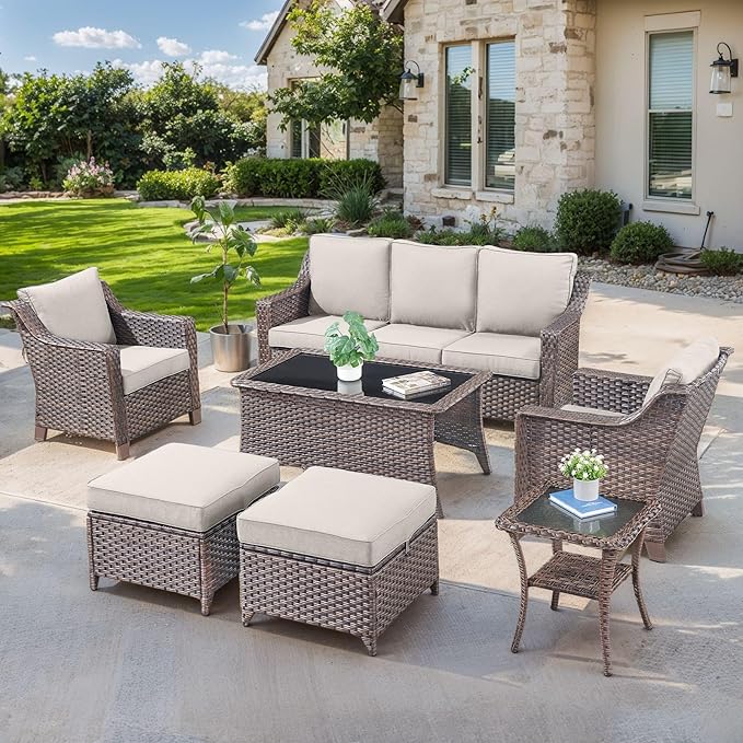 Patio Furniture Set-7 Pieces Outdoor All-Weather Wicker Conversation Set Outdoor Rattan Sofa Couch with Patio Chairs Ottomans for Porch Garden Backyard Poolside-Brown/Beige
