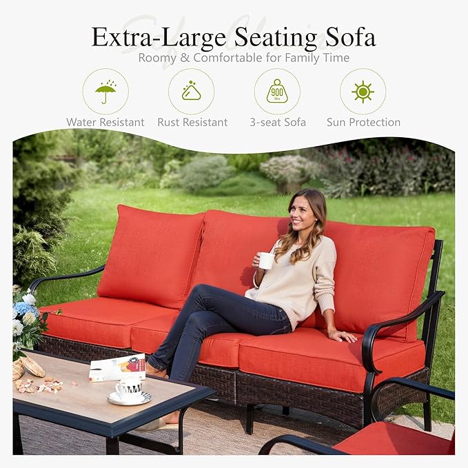 Sophia & William Patio Furniture Set, 5PCS Metal Outdoor Conversation Set with 3-Seater Outdoor Couch, 2 Sofa Chairs, 1 Loveseat,1 Coffee Table for Outdoor Seating, Backyard, Porch(Red)