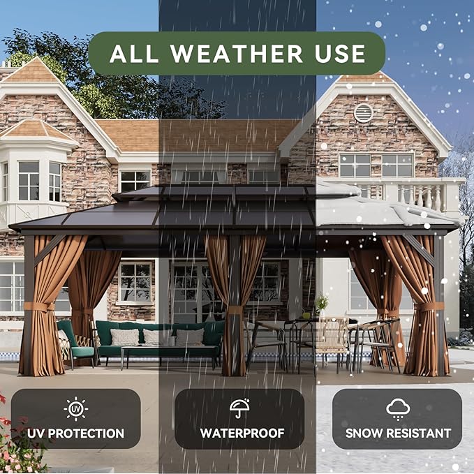Aoxun 12'x20' Hardtop Gazebo, Aluminum Frame Permanent Pavilion with Netting and Curtains, Outdoor Polycarbonate Double Roof Canopy, Designed for Lawn, Garden, Patio (Khaki)