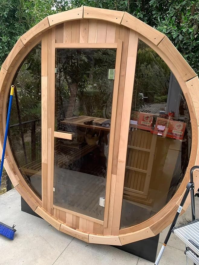 Outdoor Wooden Full Glass Door Barrel Sauna, 4 Person Sauna Room 220V， 6kw ETL Electric Heater， Accessories and Asphalt Shingle Roof (Helmock)