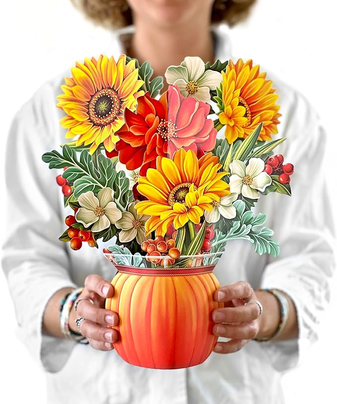 Freshcut Paper Pop Up Cards, Pumpkin Harvest, 12 Inch Life Sized Forever Flower Bouquet 3D Popup Greeting Card, Autumn Cards, Birthday Card, Blank Notecard & Envelope