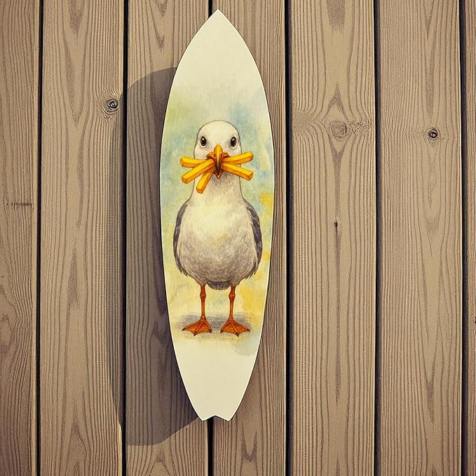 JennyGems Funny Seagull Surfboard Wall Art – Coastal Beach Decor, Seagull with Fries, Outdoor PVC Surfboard Sign (5 Foot)