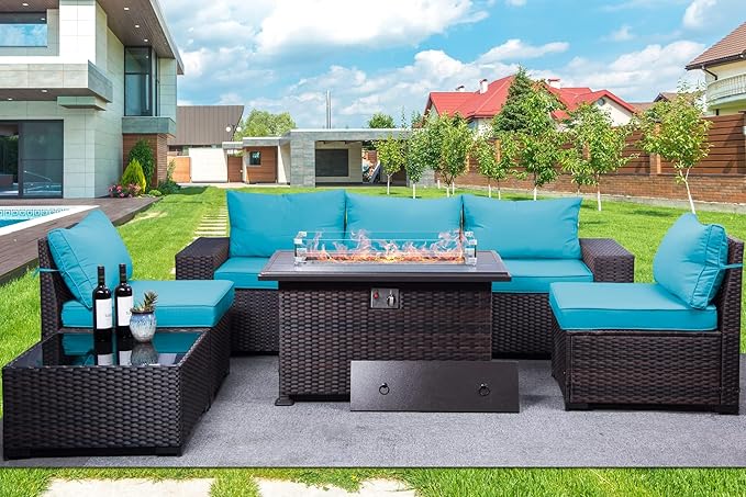 Patio Furniture Set with Propane Fire Pit, 7-Piece Outdoor Sectional Sofa Conversation Set w/ETL Approved 43" Gas Fire Table & Coffee Table - Turquoise