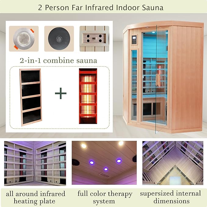 2-3 Person Infrared Saunas for Home, Low EMF Ceramic Infrared Sauna, Indoor Home Sauna Spa, Hemlock Wooden Corner Suana Room, Bluetooth Speakers, Chromotherapy Lights