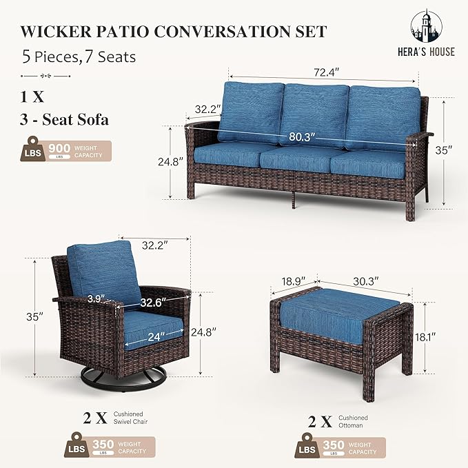 HERA'S HOUSE Wicker Patio Furniture Set, 35" High Back Swivel Chairs with 5.5" Thick Cushions, 5 Pieces Outdoor Seating Furniture, Deck Conversation Set with Ottomans for Lawn Yard Porch, Blue