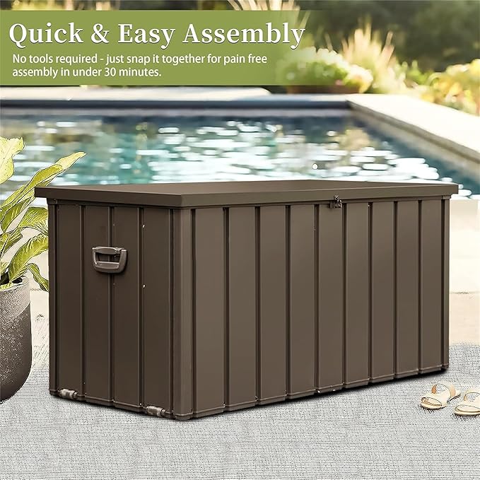 Metal Storage Box for Outdoor Dark Brown Lockable Water-Resistant Deck Box for Patio Garden Tools Organization Rust-Resistant Heavy-Duty Outside Storage Box (200 Gallon)