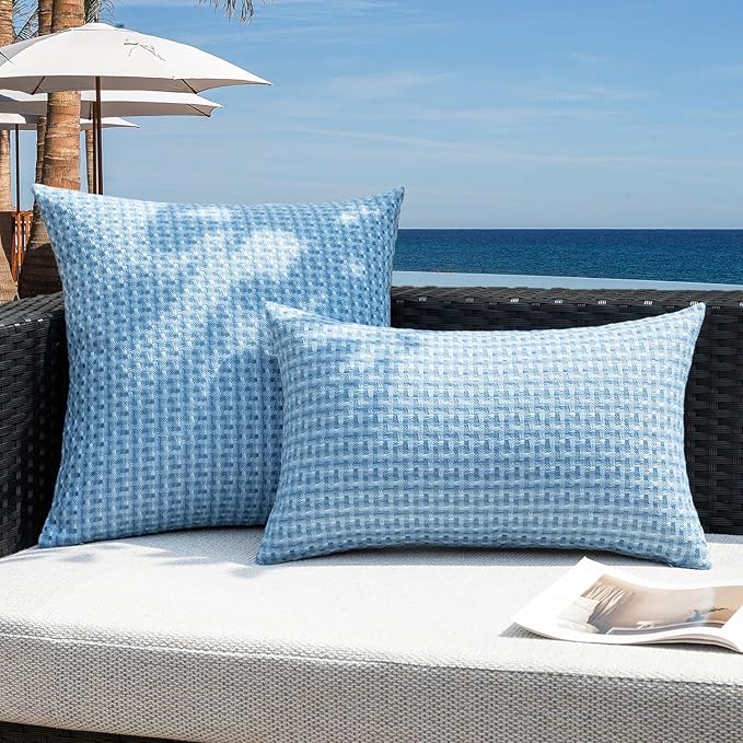Kevin Textile Outdoor Waterproof Throw Pillow Covers Pack of 2 Farmhouse Decorative Cushion Covers for Garden Patio Tent Balcony Bench Couch Sofa 24x24 Inch, Light Blue
