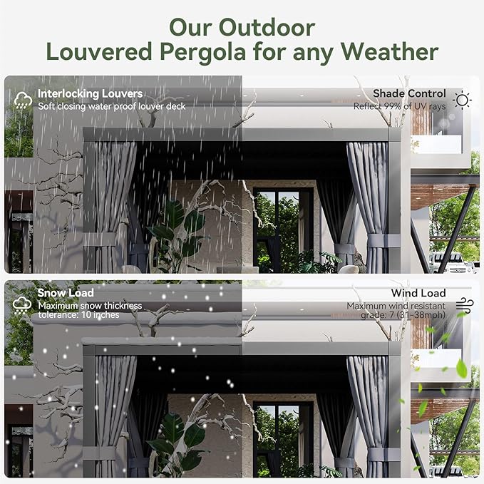 Aoxun Louvered Pergola 10' x 12' Outdoor Aluminum Pergola with Adjustable Top for Decks, Gardens and Backyards, Gray