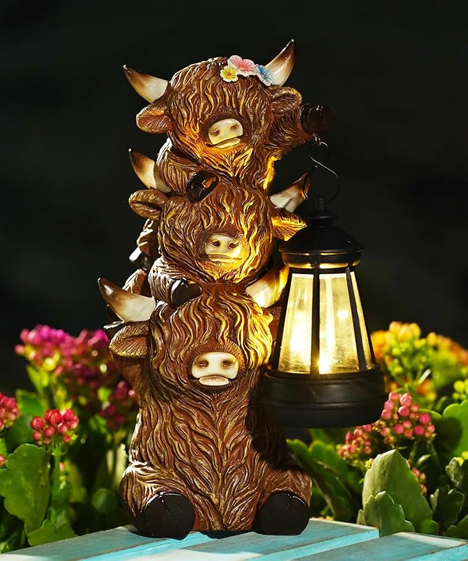 Solar Highland Cow Outdoor Decor:Garden Statue Outside Lantern Ornaments for Yard Lawn Patio Porch- Unique Gifts for Mom Women Grandma(Brown)