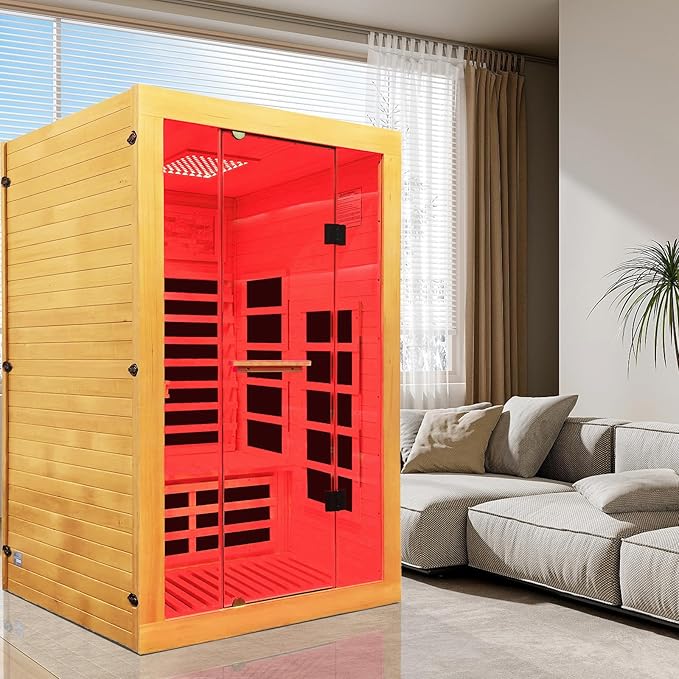 Infrared Sauna 2000W Wooden Saunas Home Spa Room Canadian Hemlock Wood Low-EMF Indoor Saunas with with Red Light Beauty Lamp for Two Person 74.8 * 47.2 * 41.3Inch