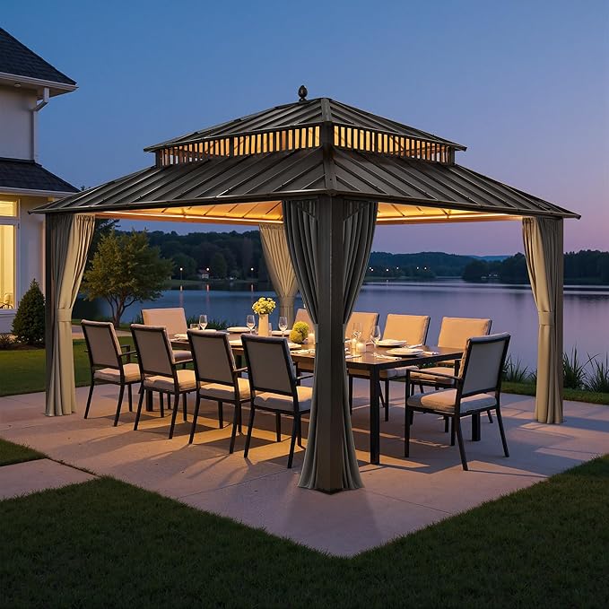 SUNJOY Kingston 14' x 12' Hardtop Gazebo with Galvanized Steel Double Roof, Curtain and Netting, Gray Aluminum Posts Permanent Pavilion Gazebo for Garden, Patio, Deck, Lawn