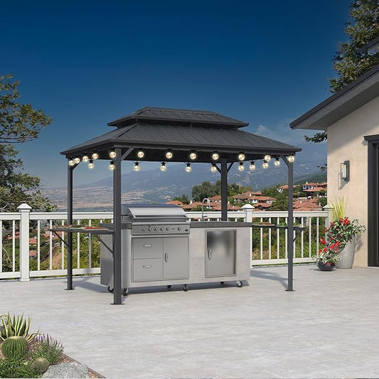 PURPLE LEAF 6.5' X 10' Hardtop Grill Gazebo for Patio Aluminum Barbeque Canopy with 24 Clear Light Bulbs and Shelves Double Tiered Grey Outdoor BBQ Gazebo