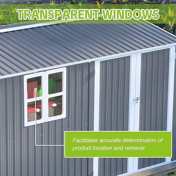 8x12 FT Shed Outdoor Storage Metal Large Garden Tool Sheds with Lockable Doors Floor Frame Window Gable Roof Waterproof Steel Utility Equipment Sheds for Backyard Patio Lawn Poolside, Grey