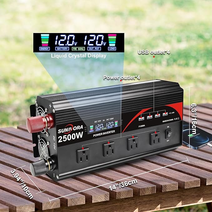 2500 Watt Inverter with LCD Display & Remote Control 12V DC to 110V/120V AC Converter Peak Power 5000W Car Inverter with 4 Sockets & 4 USB Ports for RV Truck Camping Off-Grid Solar System