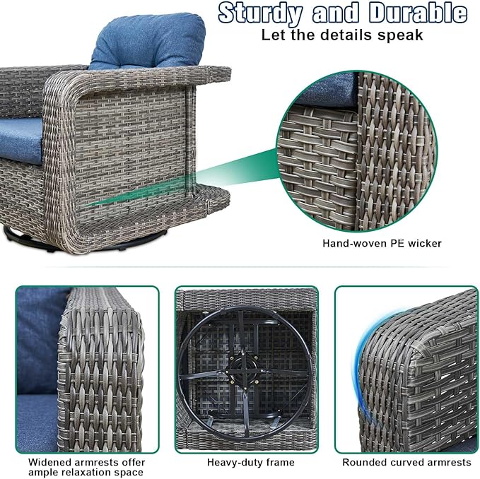 Patio Glider Swivel Rocker Sets: 5piece Patio Furniture Sets, 360° Swivel Rocking Chairs with Ottoman, Rust-Resistant Cushion -Perfect for Backyard/Deck/Porch/Balcony Decors- Gray Wicker,Blue Cushion