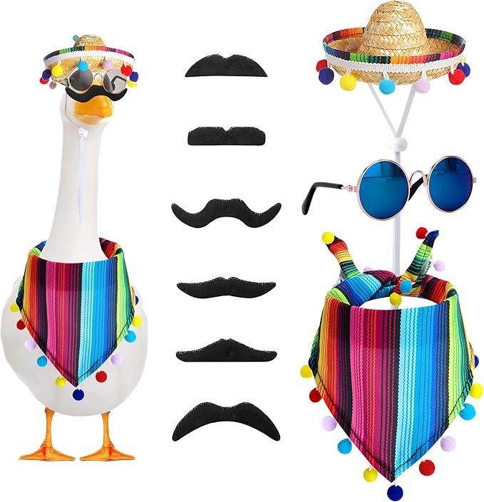 XIMEO Porch Goose Outfit for 17" & 23" Lawn Goose – Funny Fiesta Clothes Set with Hat, Sunglasses & Mustache – Holiday Porch Goose Decoration for Garden Statue