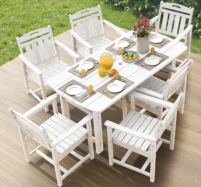 Ciokea HDPE Outdoor Dining Set 7-Piece Patio Table and Chairs with Umbrella Hole, All-Weather Patio Dining Set for 6, Durable Patio Furniture Set for Backyard, Garden, Lawn & Poolside, White