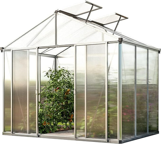 Greenhouse Rubin 3 Aluminum Frame 8.6 x 6.4 ft with Approx. 10 mm Polycarbonate Panels - with 2 Extra Skylights and 4 Automatic Window Openers