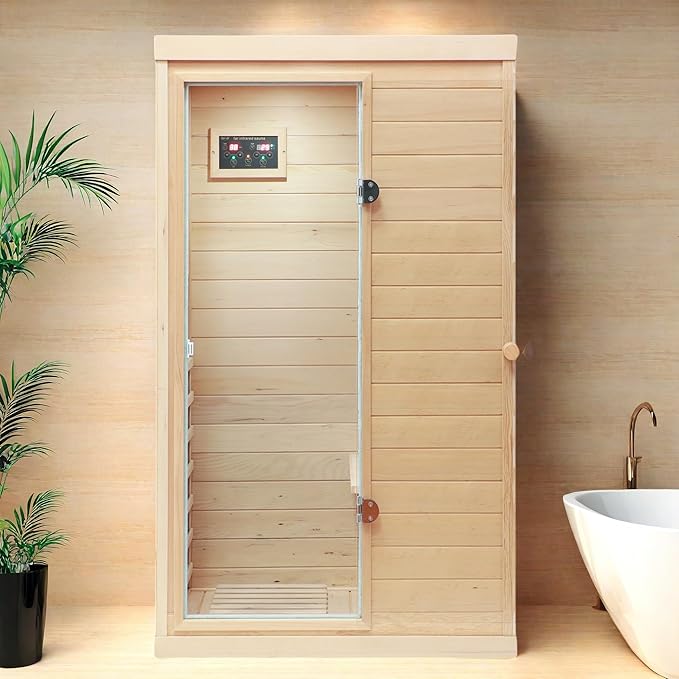 1 Person Far Infrared Indoor Sauna Hemlock Mini Single Person Sauna for Home with LCD Display & Bluetooth on The Left of The Indoor, Natural