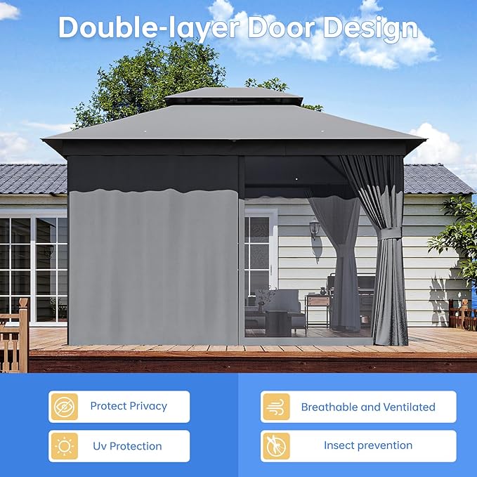Outdoor Gazebo Metal Frame Patio Pergola Double Roofs Patio Canopy with Double-Layer Door and Mosquito Netting for Deck, Backyard, Lawn (Grey, 10x12FT)