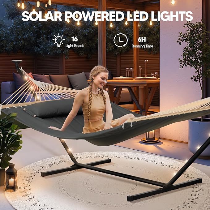 SUNCREAT Double Hammock with 12 ft Stand, Solar Powered Lights Included, Outdoor Hammock for Outside, Dark Gray