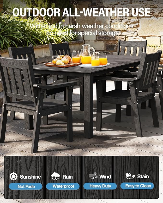 YEFU Outdoor Dining Table for 6: All Weather Rectangular Patio Table with Umbrella Hole and Aluminum Frame - Outdoor Furniture for Outside Backyard/Garden/Pool/Porch/Deck 300lbs Capacity Black