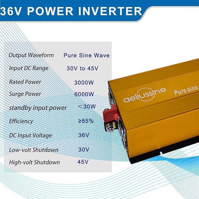 3000W Pure Sine Wave Inverter-36V DC to 110V 120V AC Power Converter with 2 AC Outlets, 36 Volt Power Inverter for Truck, Rv, Camping, Home
