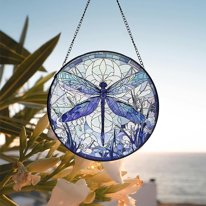 Dragonfly Decor Suncatcher Stained Glass Window Hanging - Handmade Artistic Suncatchers for Windows Hanging, 9.8 inch