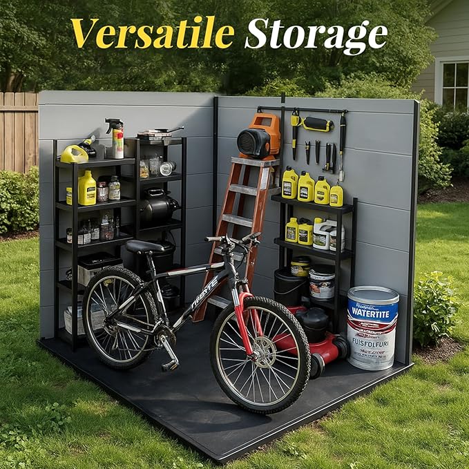 4x8 FT Lean to Shed with Floor, Resin Storage Shed & Outdoor Storage Clearance with 2 Windows, Backyard Storage Sheds for Garden Tools, Bicycle, Black+Grey