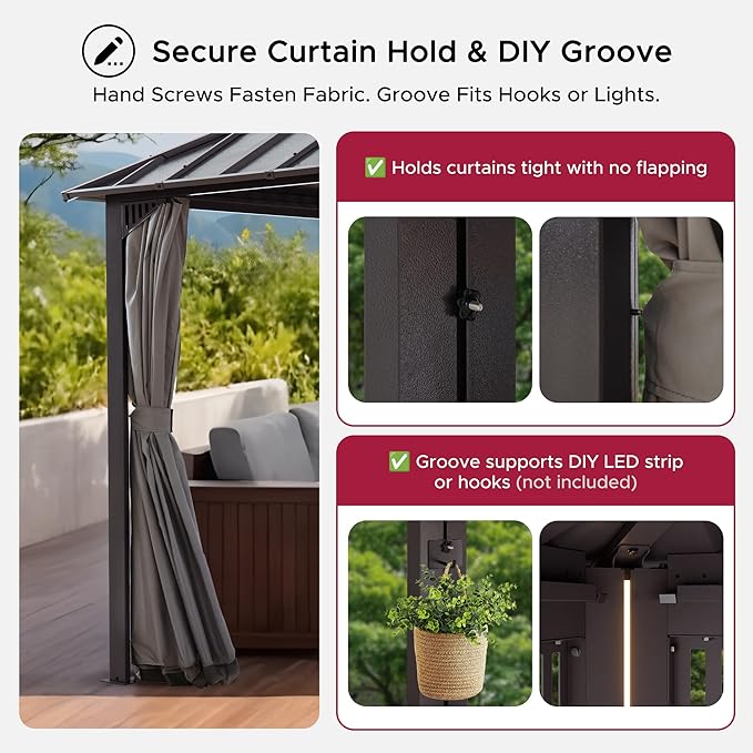 SUNJOY Kingston 12' x 12' Hardtop Gazebo with Galvanized Steel Double Roof, Curtain and Netting, Brown Aluminum Posts Permanent Pavilion Gazebo for Garden, Patio, Deck, Lawn