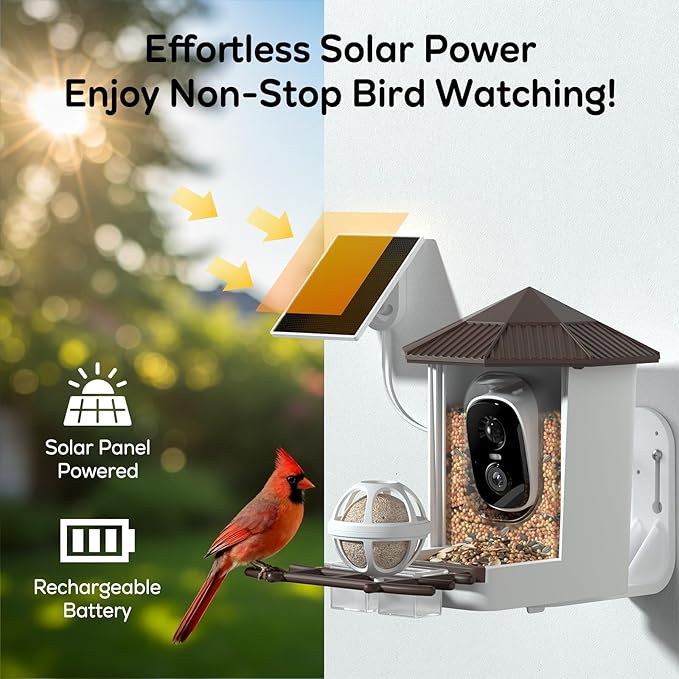 wansview Bird Feeder with Camera-Smart Bird Feeders for Outdoors Solar Powered, Birdhouse with Cam & Instant Alert, 2K Live Video, AI Identify Species, Ideal Gift for Tech Lovers, F1, Brown, 2.4G WiFi