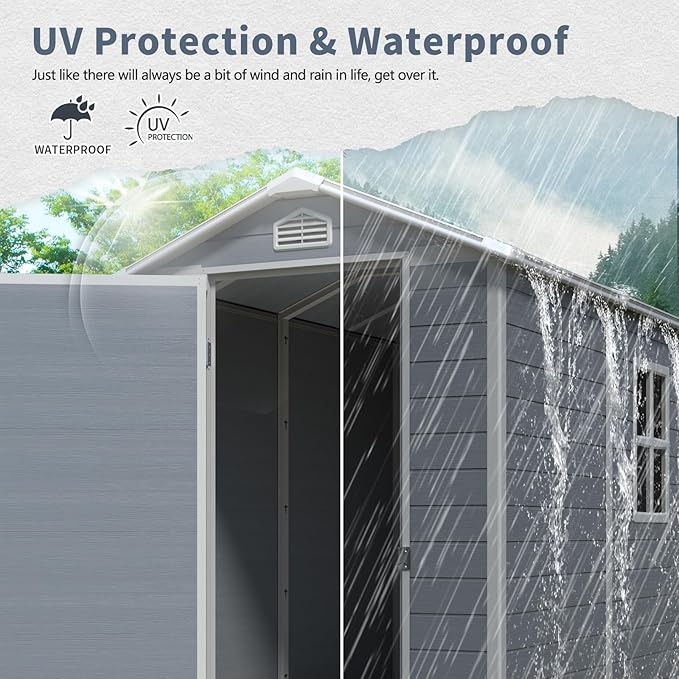 4x6ft Outdoor Storage Shed, Resin Patio Furniture Storage with Lockable Door, All-Weather，Garden Shed Kit with Reinforced Floor & Natural Light Window，UV Protection， (Gray, 4x6ft)