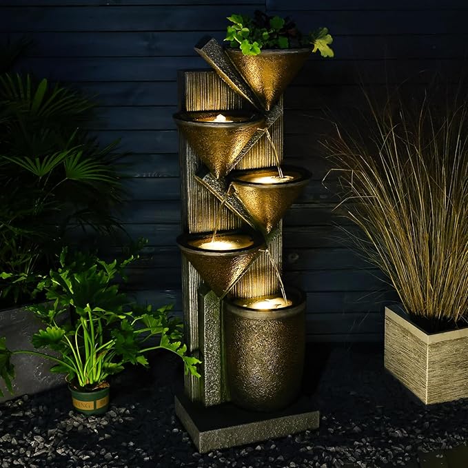 Water Fountain Outdoor 49.6“ Large Waterfall Fountain 5-Tier Indoor Floor Standing Water Fountains with LED Lights&Pump for Garden, Living Room, Patio, Home Decor with Natural Stones