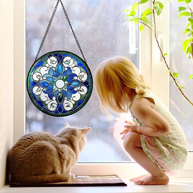 Stained Glass Window Hanging, Boho Style Sun Catchers Diamond Glass Panel Hangings Tiffany Suncatcher Decor for Birthday for Women, Men, Wife, Aunt, and Mom 9.8 in