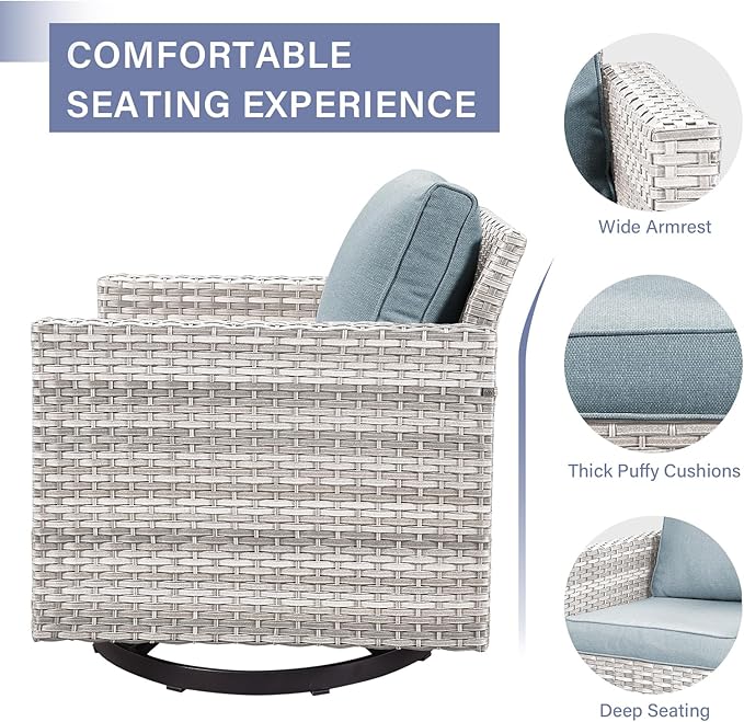Outdoor Patio Swivel Rocker Chairs - 3 Piece Wicker Patio Furniture Bistro Swivel Rocking Chairs Set with Comfortable Cushions,Sturdy Metal Frame and Side Table for Porch Deck(Light Grey/Sky Blue)