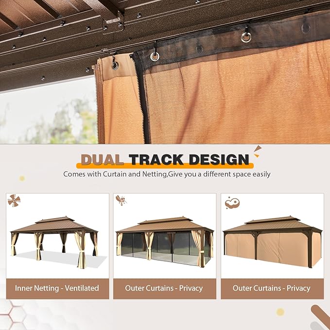 EROMMY 14'x22' Hardtop Gazebo Double Roof Galvanized Steel Canopy Outdoor Aluminum Frame Permanent Metal Pavilion with Netting and Curtains for Patio Backyard Deck and Lawns