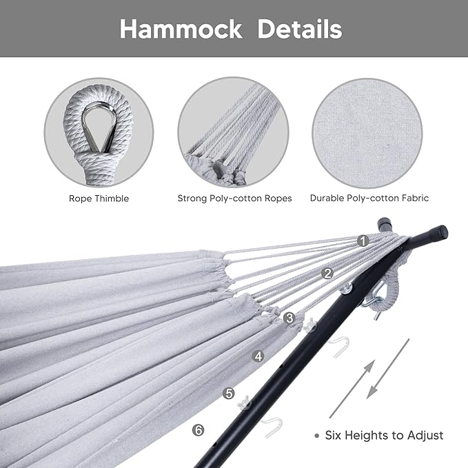 SUNCREAT 2-in-1 Convertible Extra Large Hammocks with Stand, Heavy Duty 2 Person Hammock for Outside with Stand, Patent Pending, Light Gray