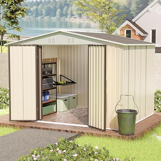 10x8 FT Outdoor Storage Shed,Metal Aluminum Tool Sheds,Heavy-Duty Sheds with Sloped Roof, Air Vent and Hinge Doors,Garden Shed Bike Shed for Backyard Patio Lawn,Cream White