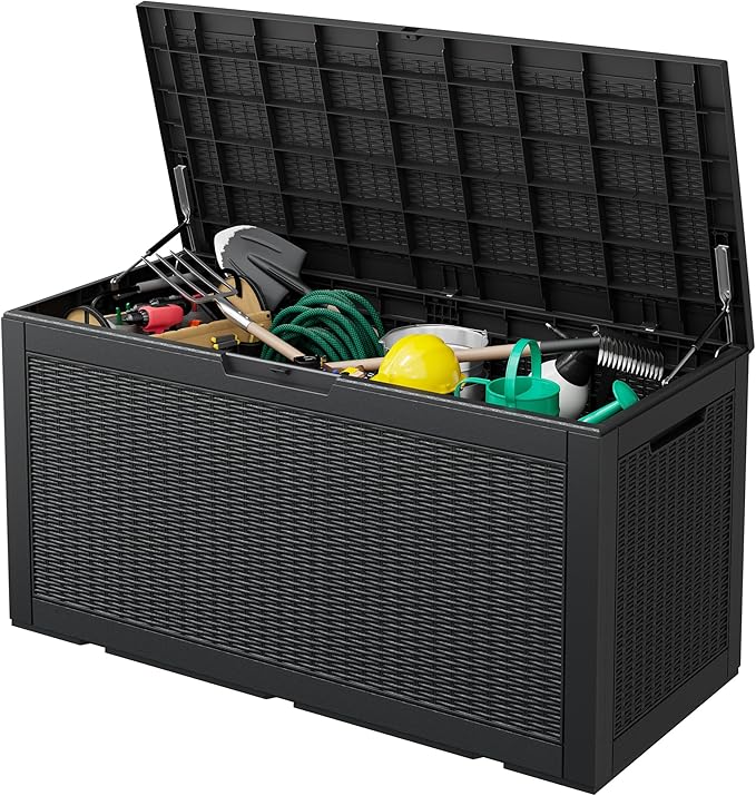 LHBcraft 100 Gallon Outdoor Storage Box Waterproof, Lockable Patio Storage Boxes Outdoor Waterproof for Furniture, Resin Deck Box Doubles as 2-Person Bench Seat, Gardening Tools, Black